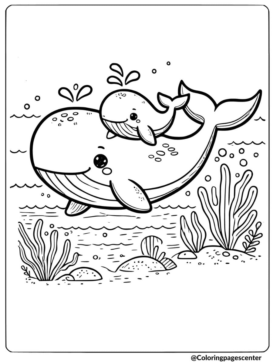 Cute mother and baby whale underwater coloring page