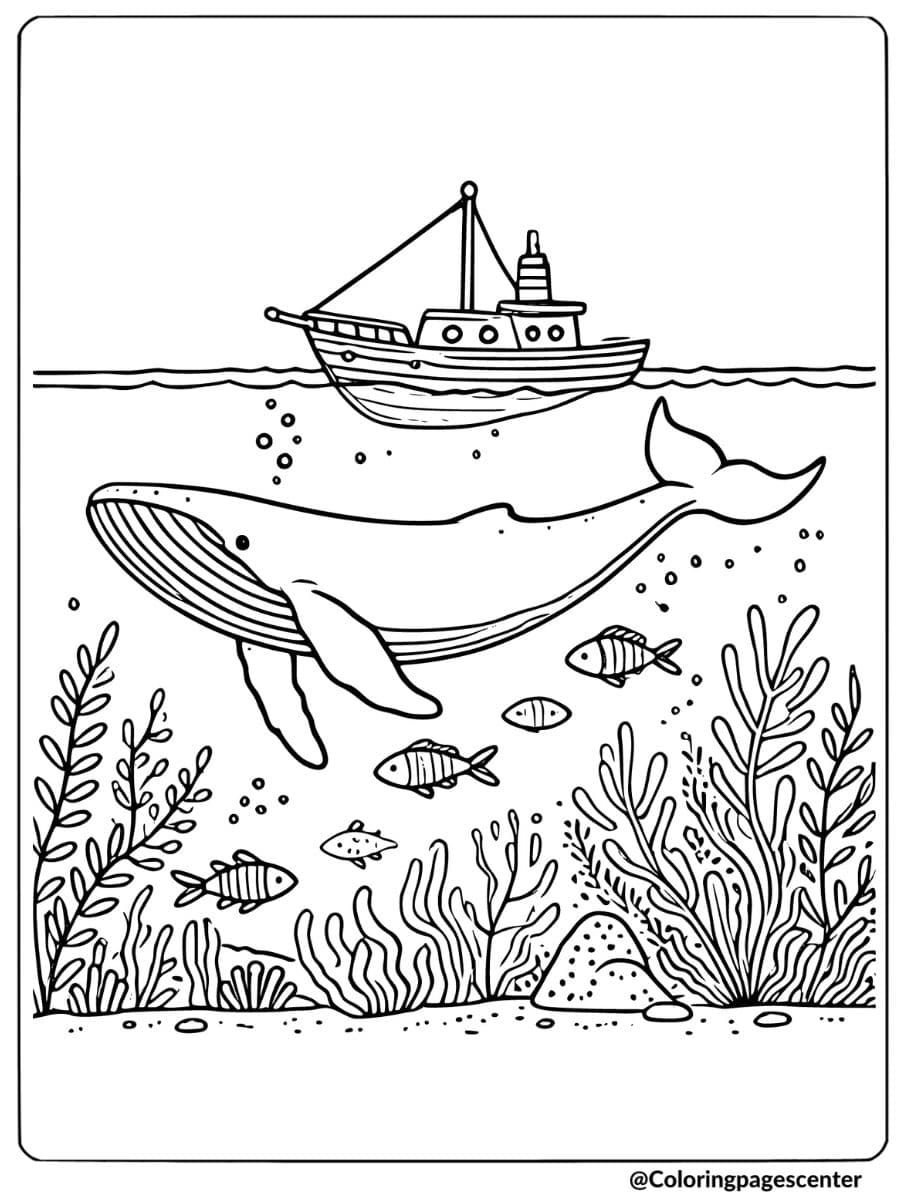 Whale and fishing boat in ocean coloring page