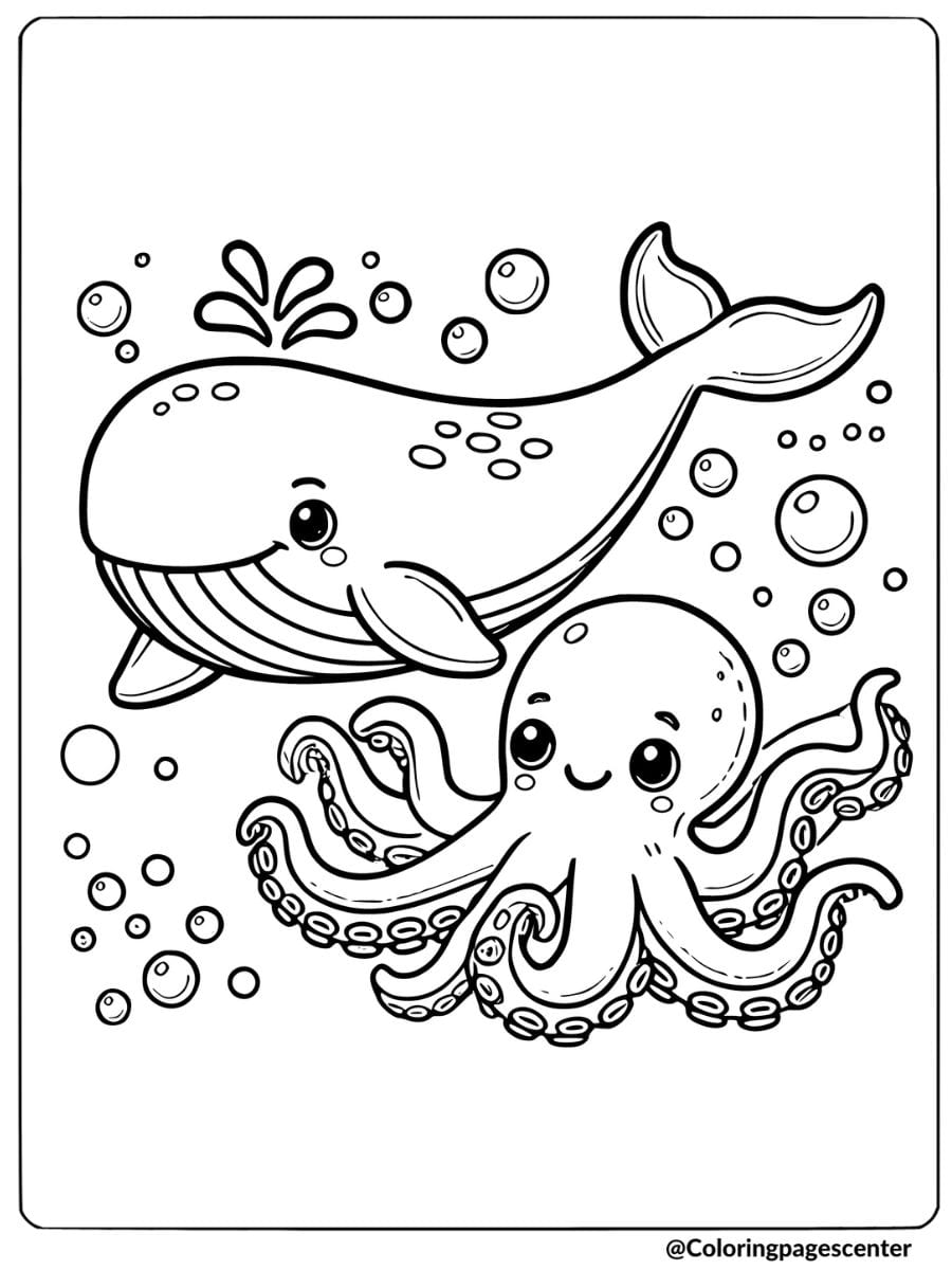 Whale and happy octopus underwater coloring page