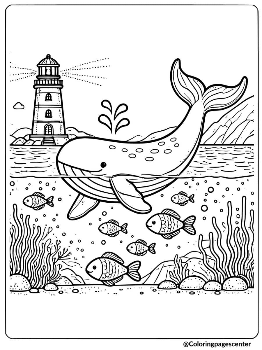 Whale swimming near a lighthouse coloring page