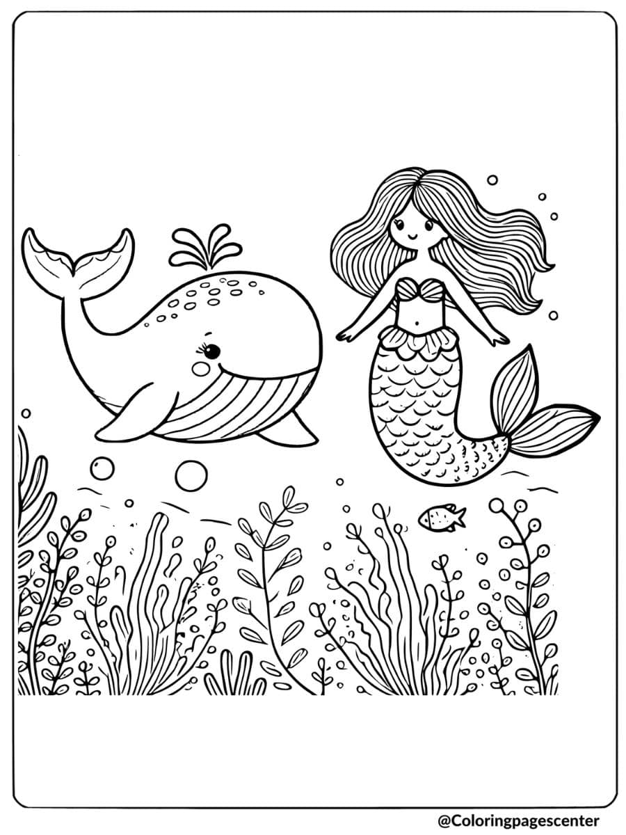 Whale and mermaid together underwater coloring page