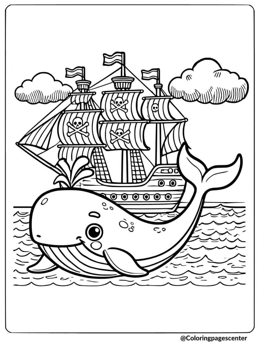 Whale and pirate ship in the ocean coloring page