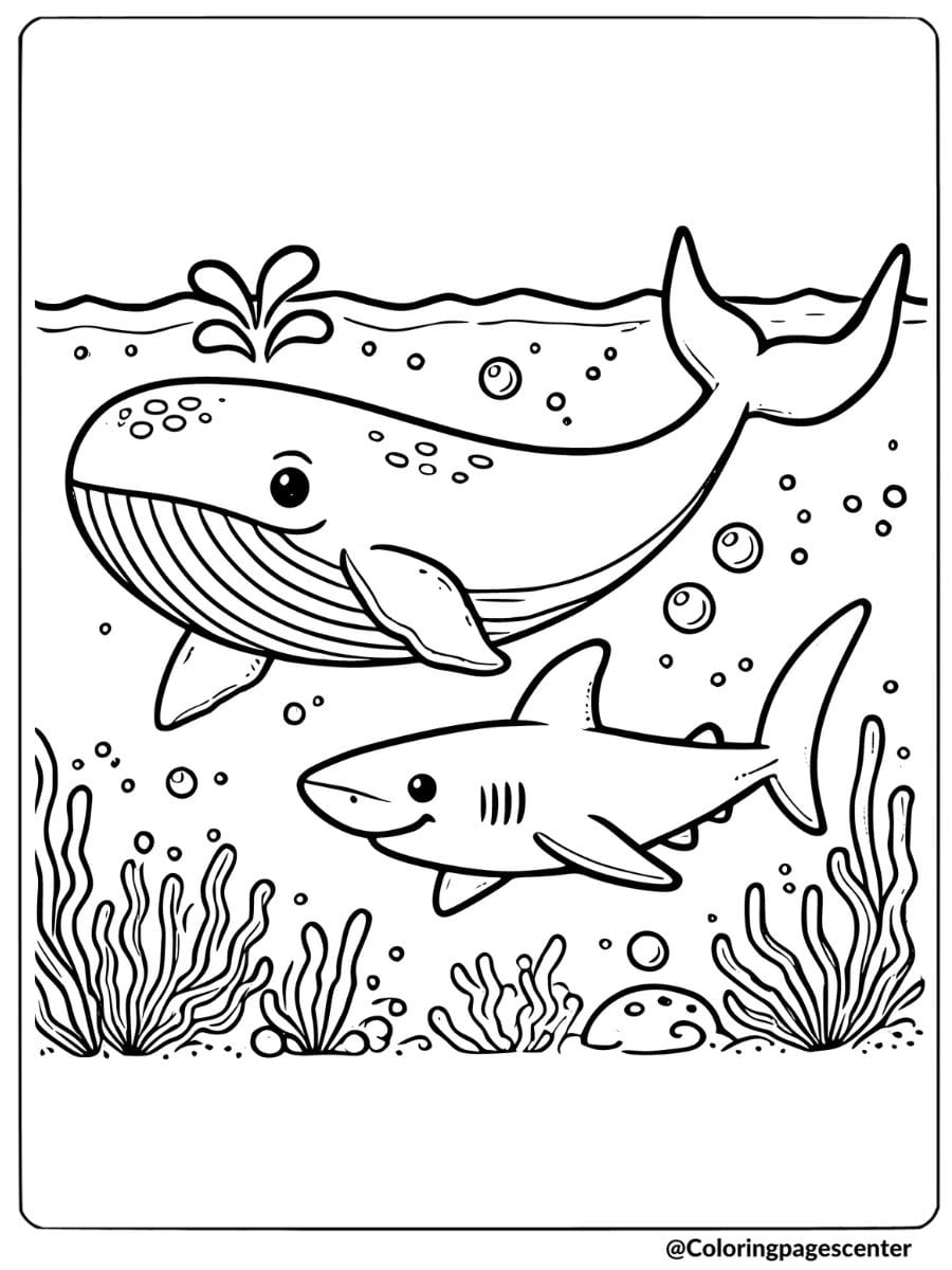 Whale and shark swimming underwater coloring page