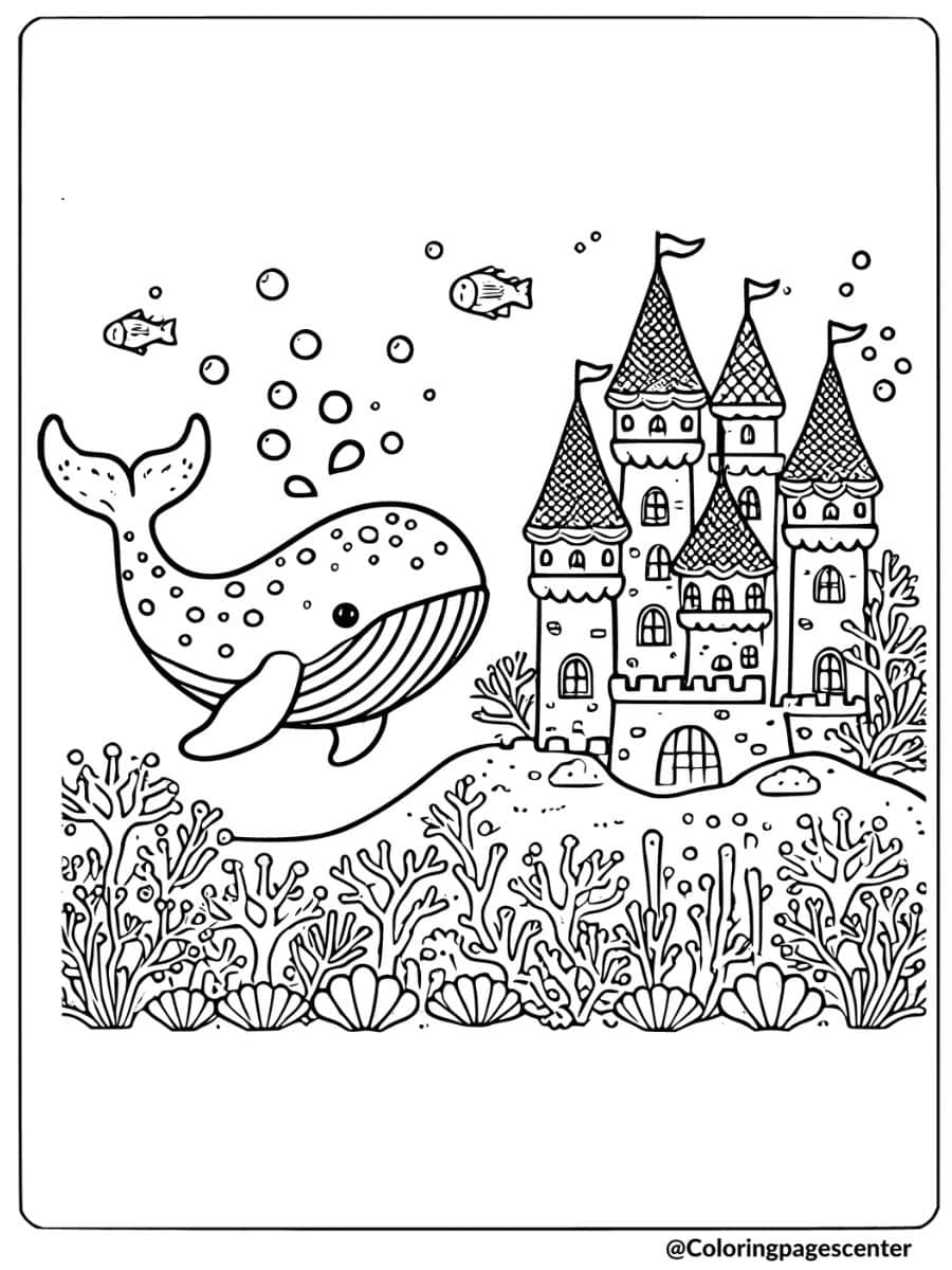 Whale next to an underwater castle coloring page