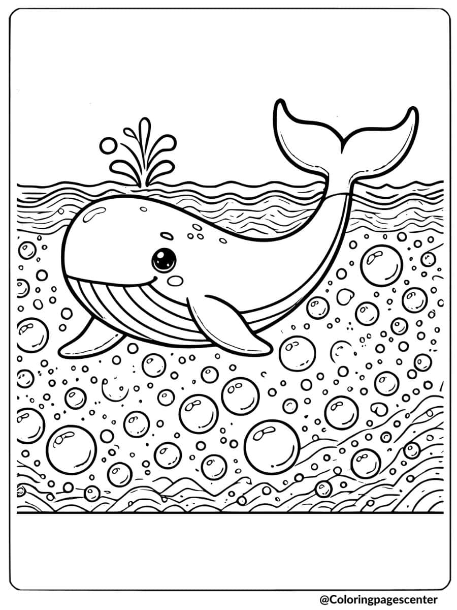 Whale in bubbly sea with bubbles coloring page