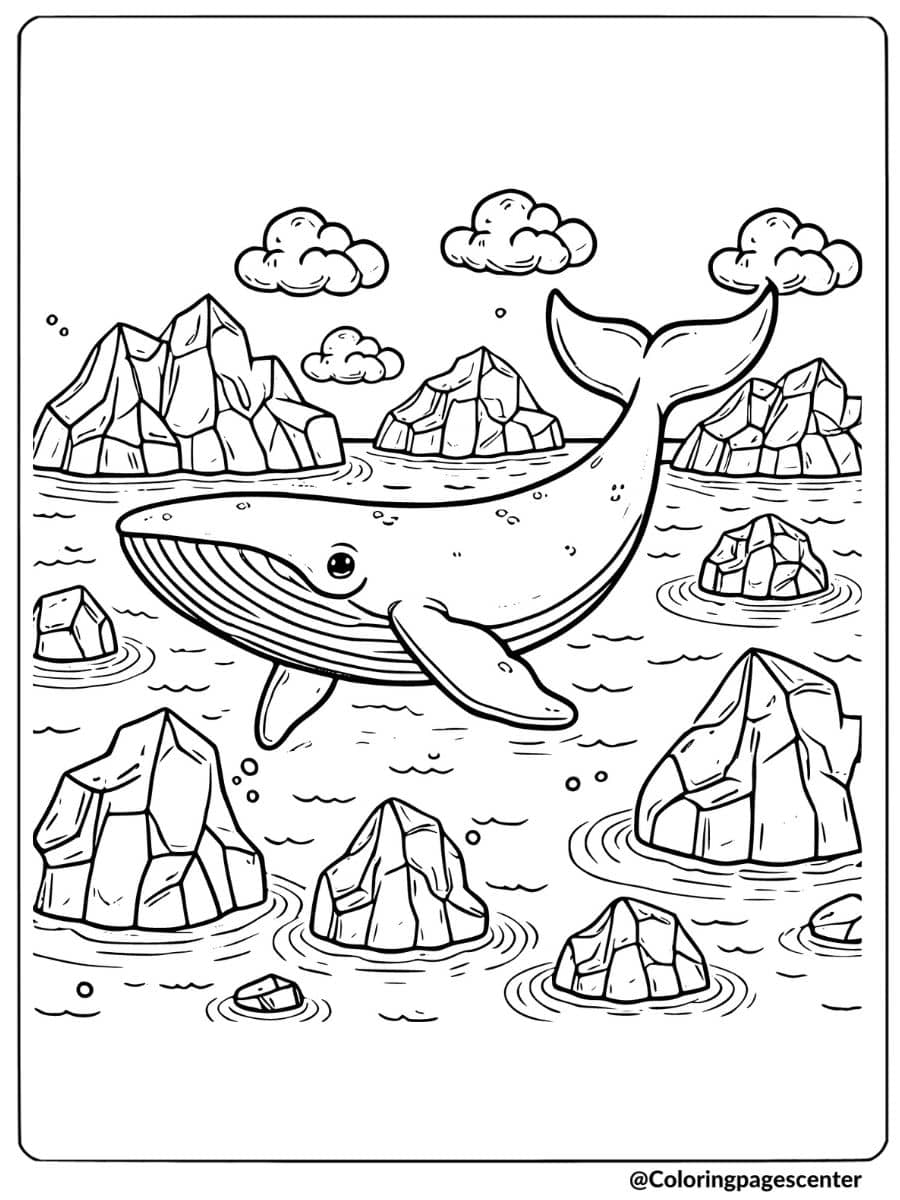 Whale in icy waters with icebergs coloring page