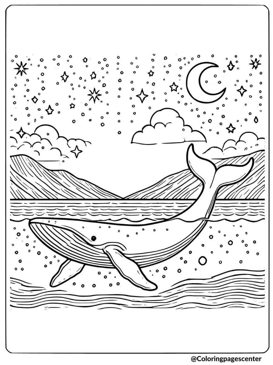 Whale swimming in moonlit ocean coloring page