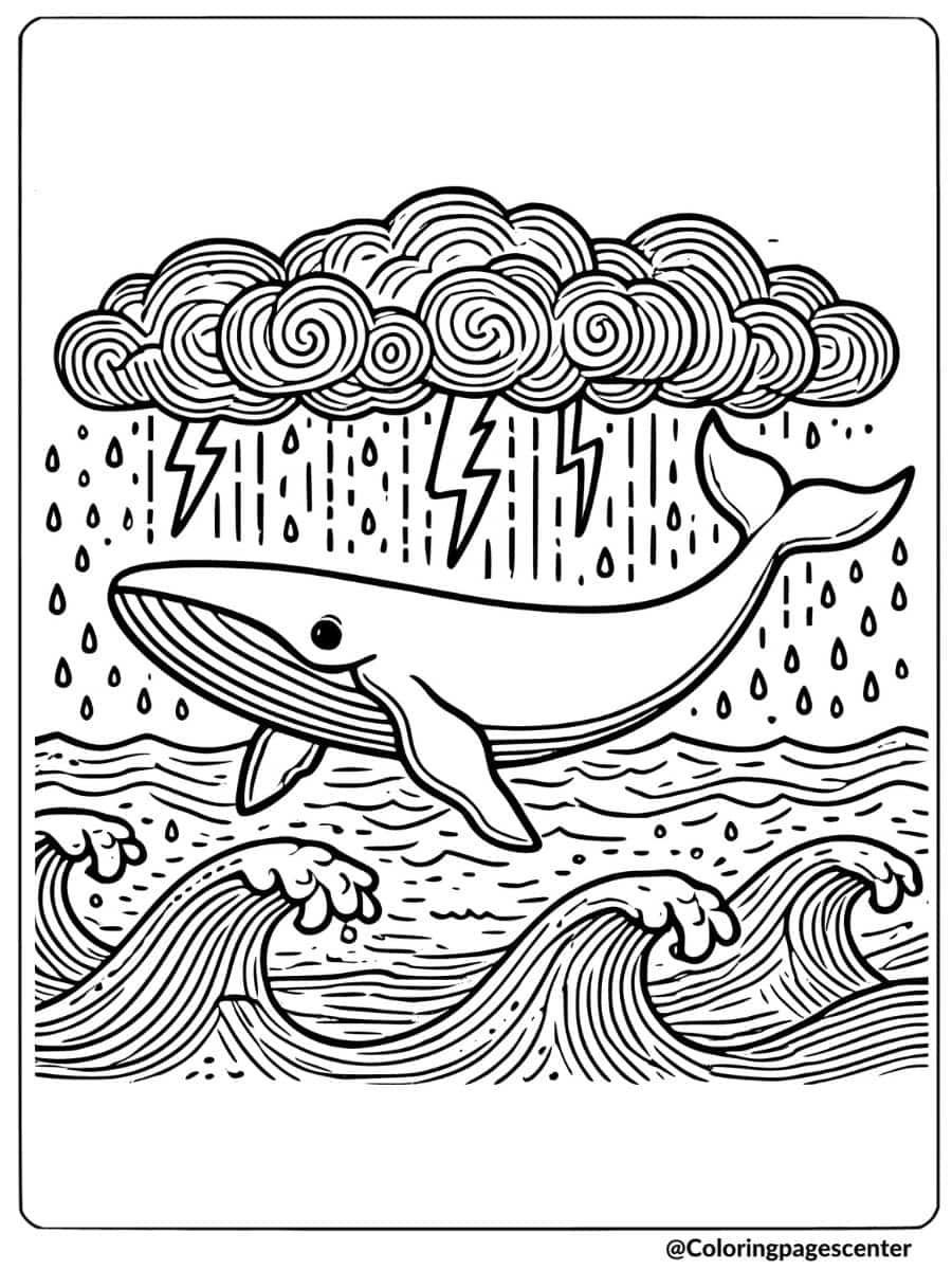 Whale swimming in a stormy ocean coloring page