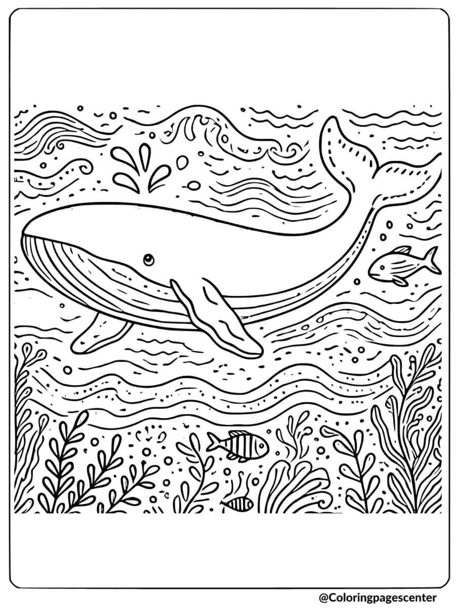 Whale swimming in a wavy sea coloring page