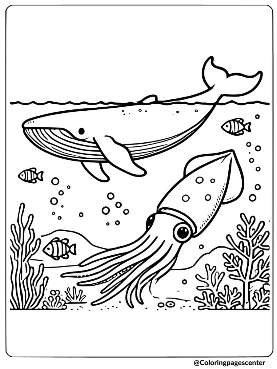 Whale playing with fish underwater coloring page