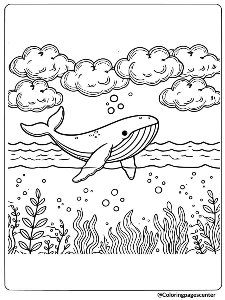 Whale swimming underwater with coral coloring page