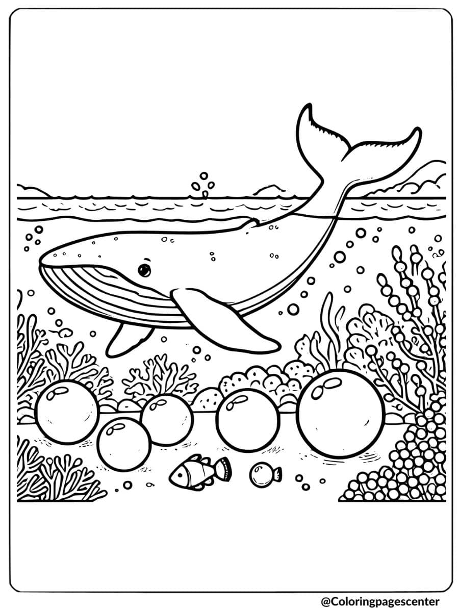 Whale with big bubbles underwater coloring page