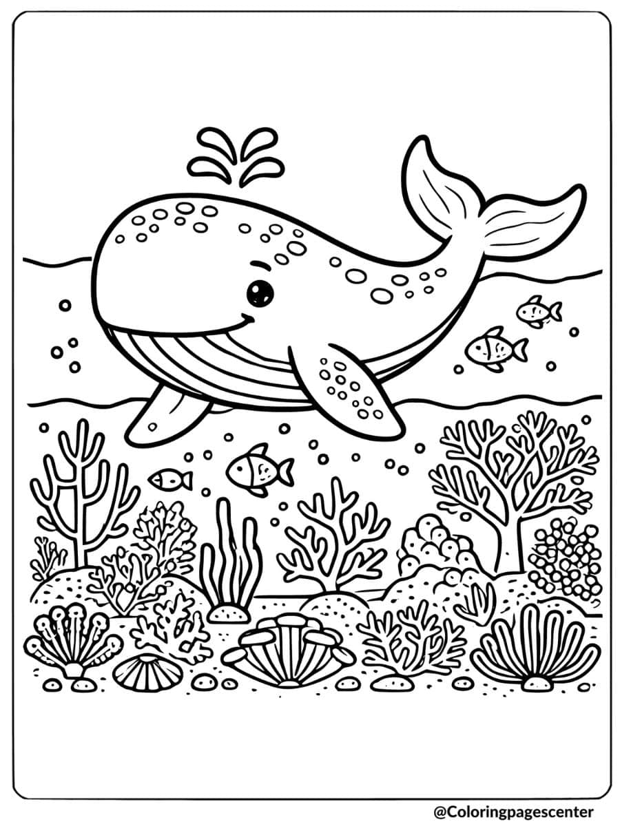 Whale with coral reef and fish coloring page