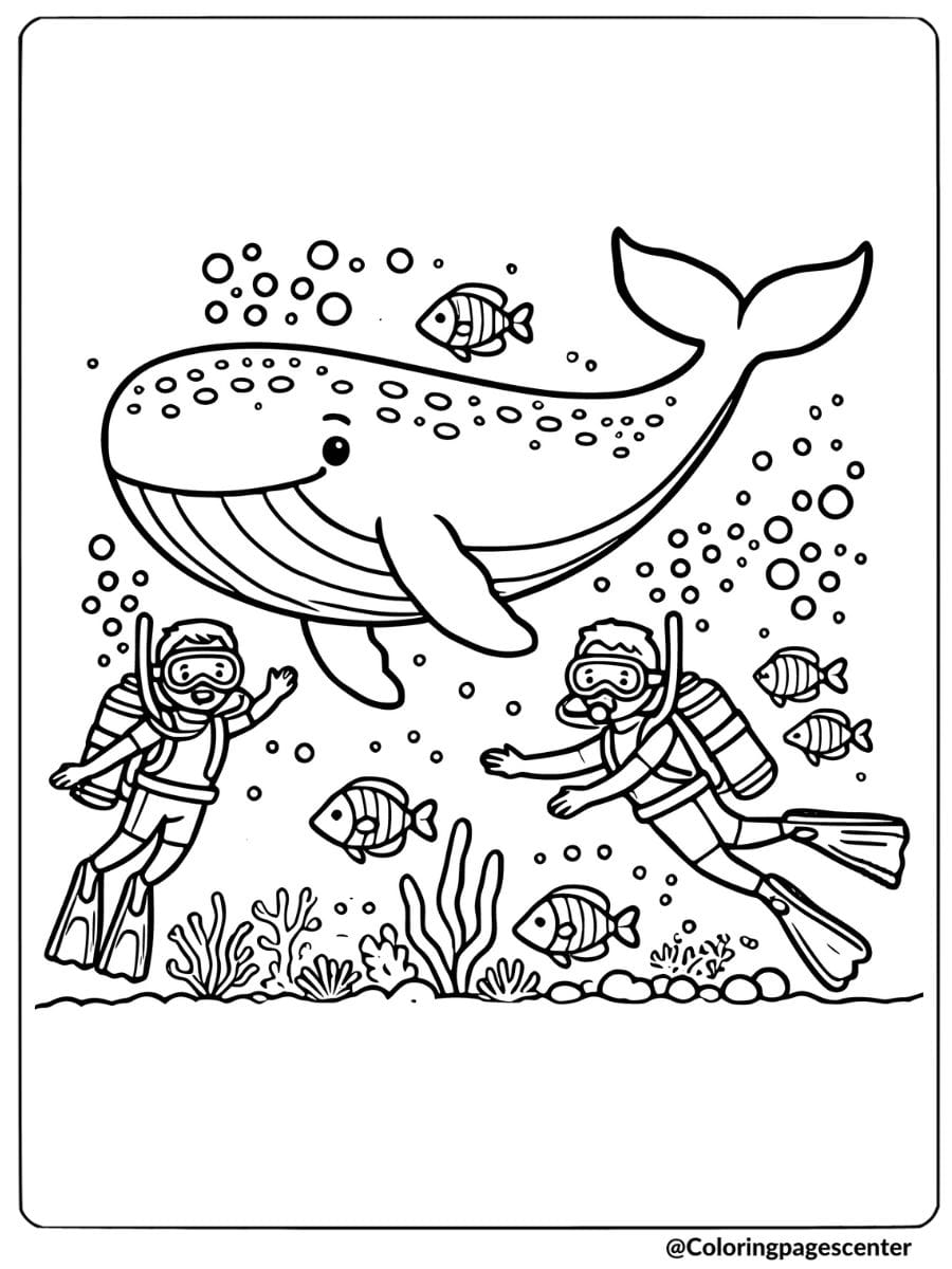 Whale swimming with divers underwater coloring page