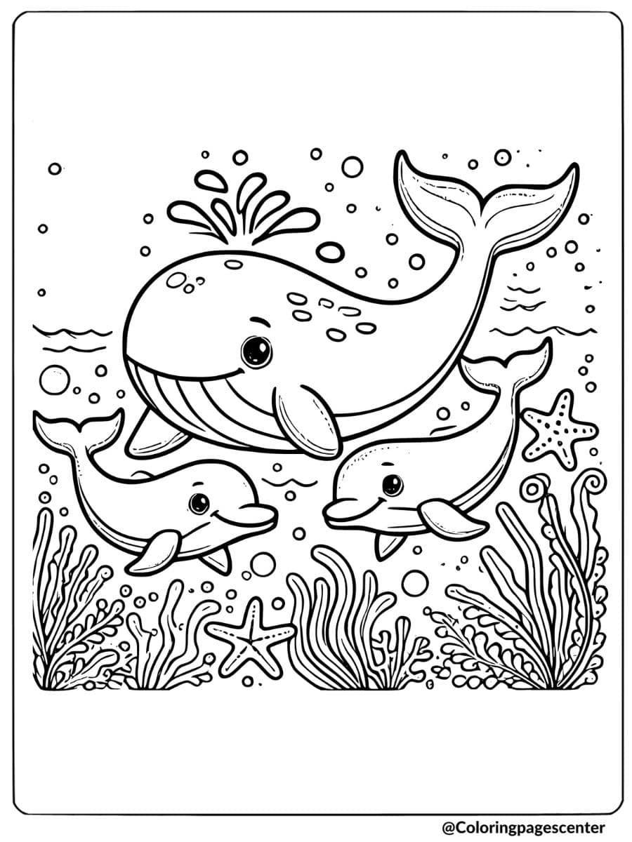 Whale with dolphins underwater coloring page