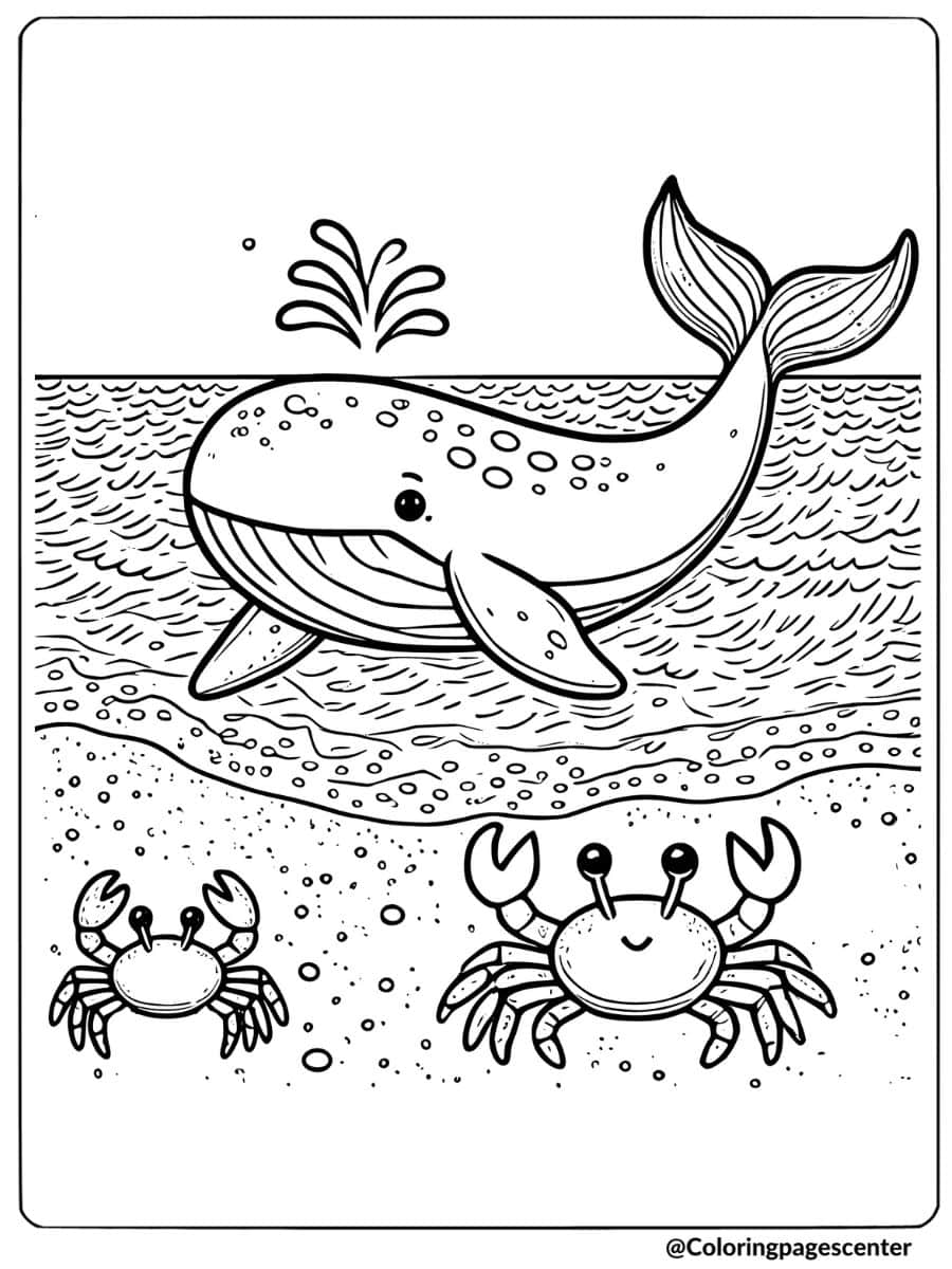 Whale with two happy crabs coloring page