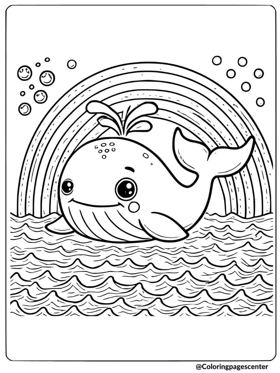 Whale swimming with a rainbow background coloring page