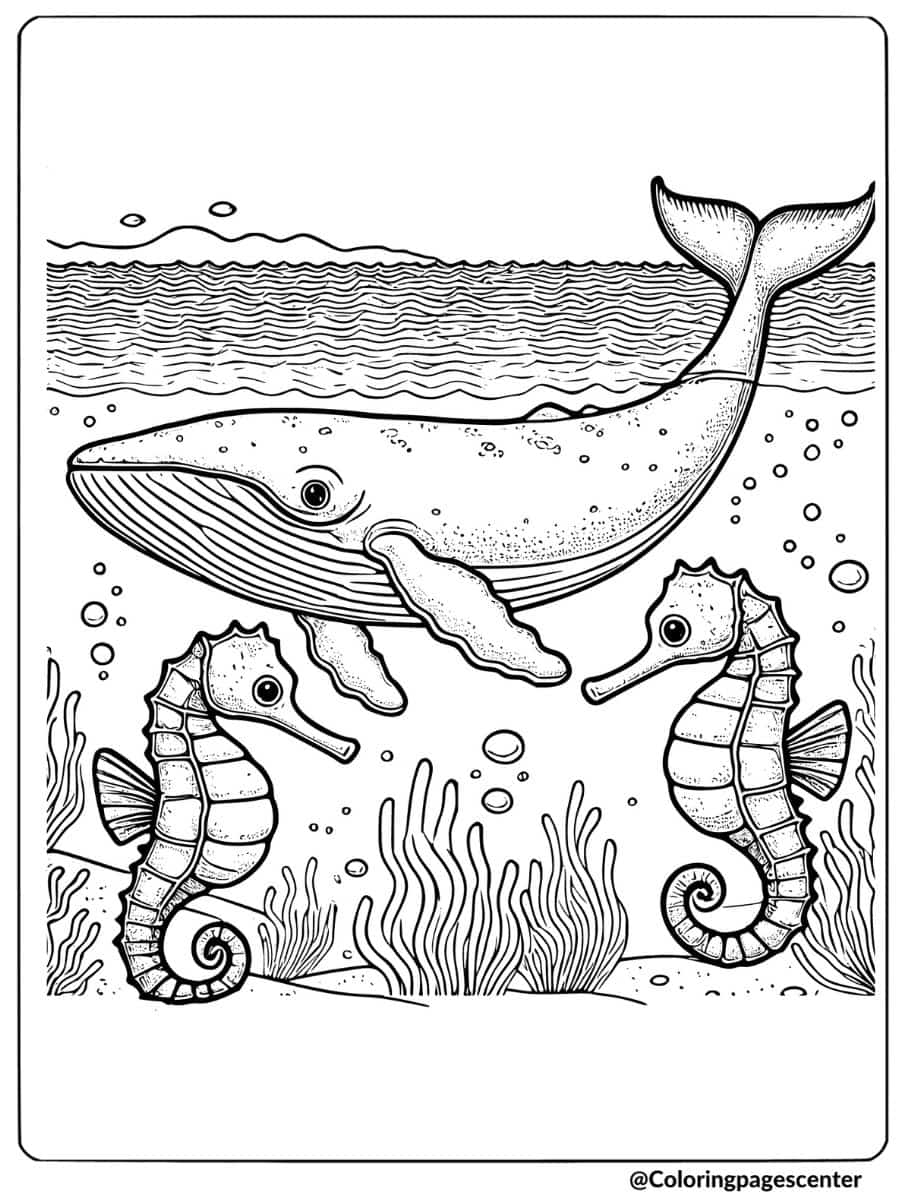 Whale swimming with seahorses coloring page