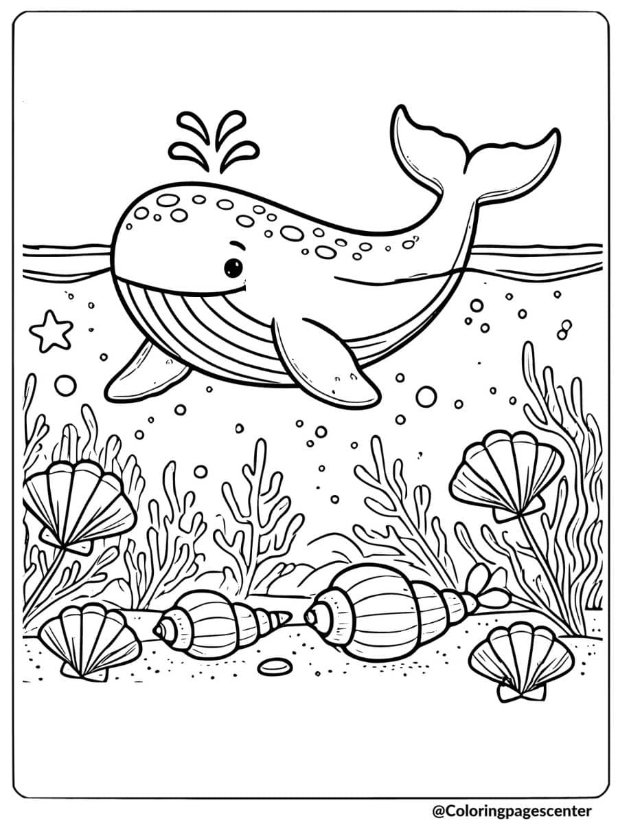 Whale with seashells underwater coloring page