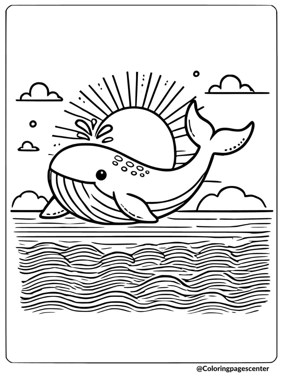 Whale with sunset in background coloring page