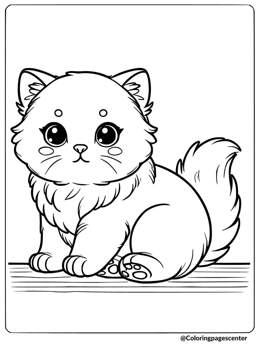 Coloring page of a fluffy kitten, adorable animal coloring page