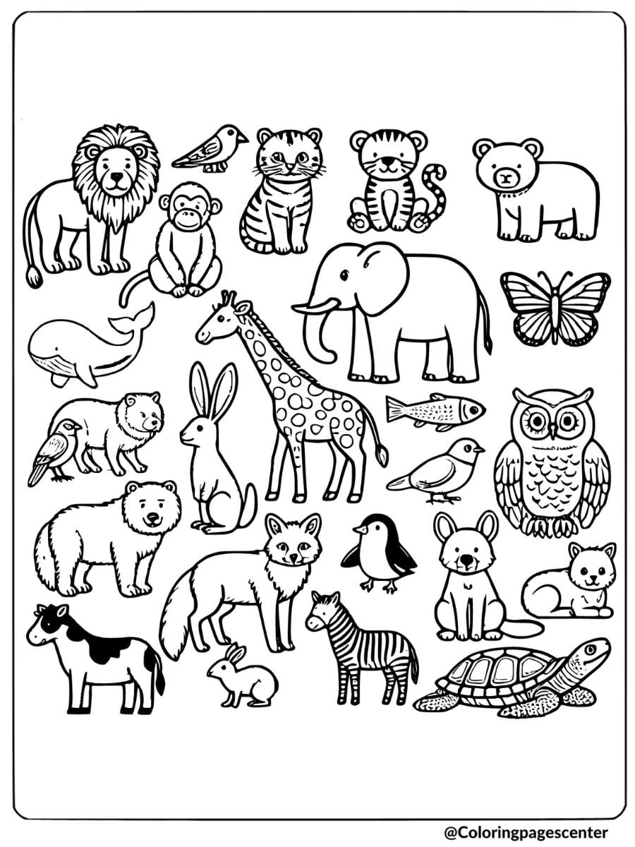 Diverse wildlife creatures in a fun animals coloring page