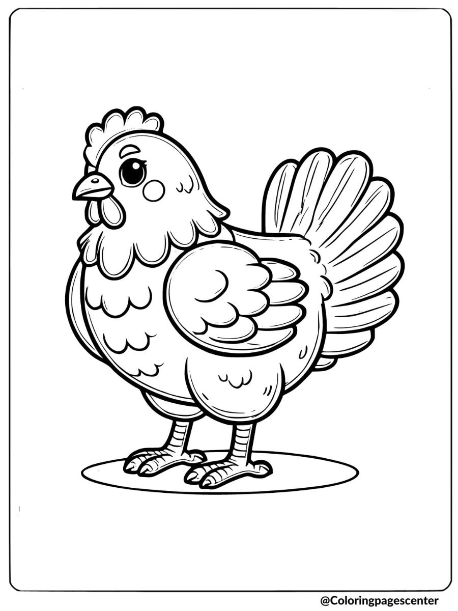 Coloring page of a chicken with feathers spread, farm animal