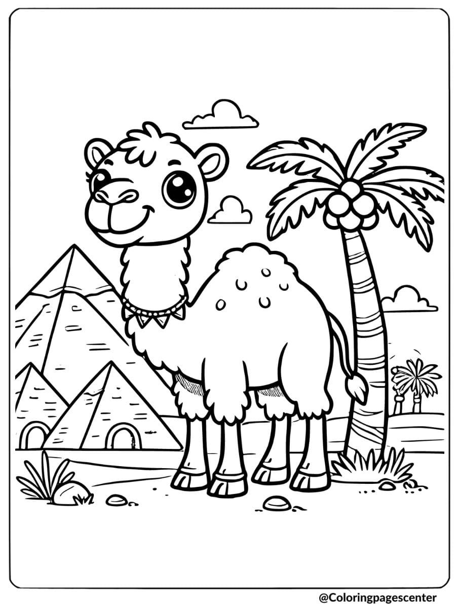 Coloring page of a camel in the desert, animal coloring fun