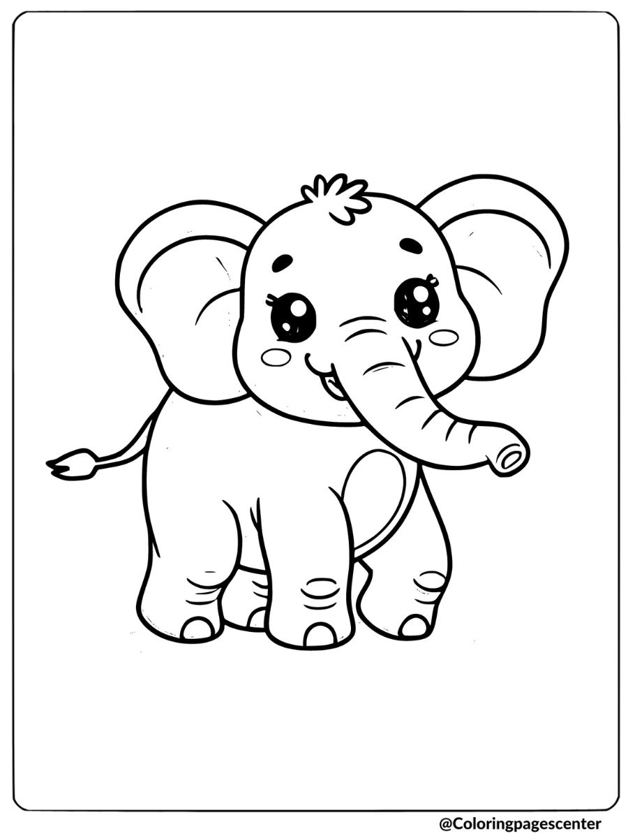 Coloring page of a baby elephant, adorable animal coloring page