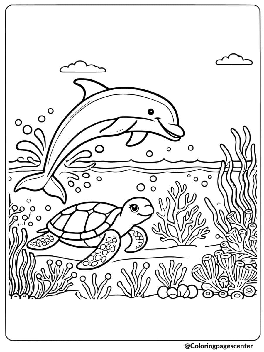 Coloring page of a dolphin and turtle, fun animals coloring