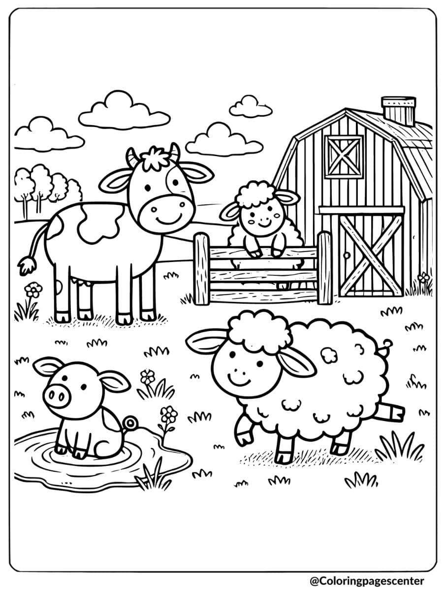 Coloring page of farm animals and barn, great animals page