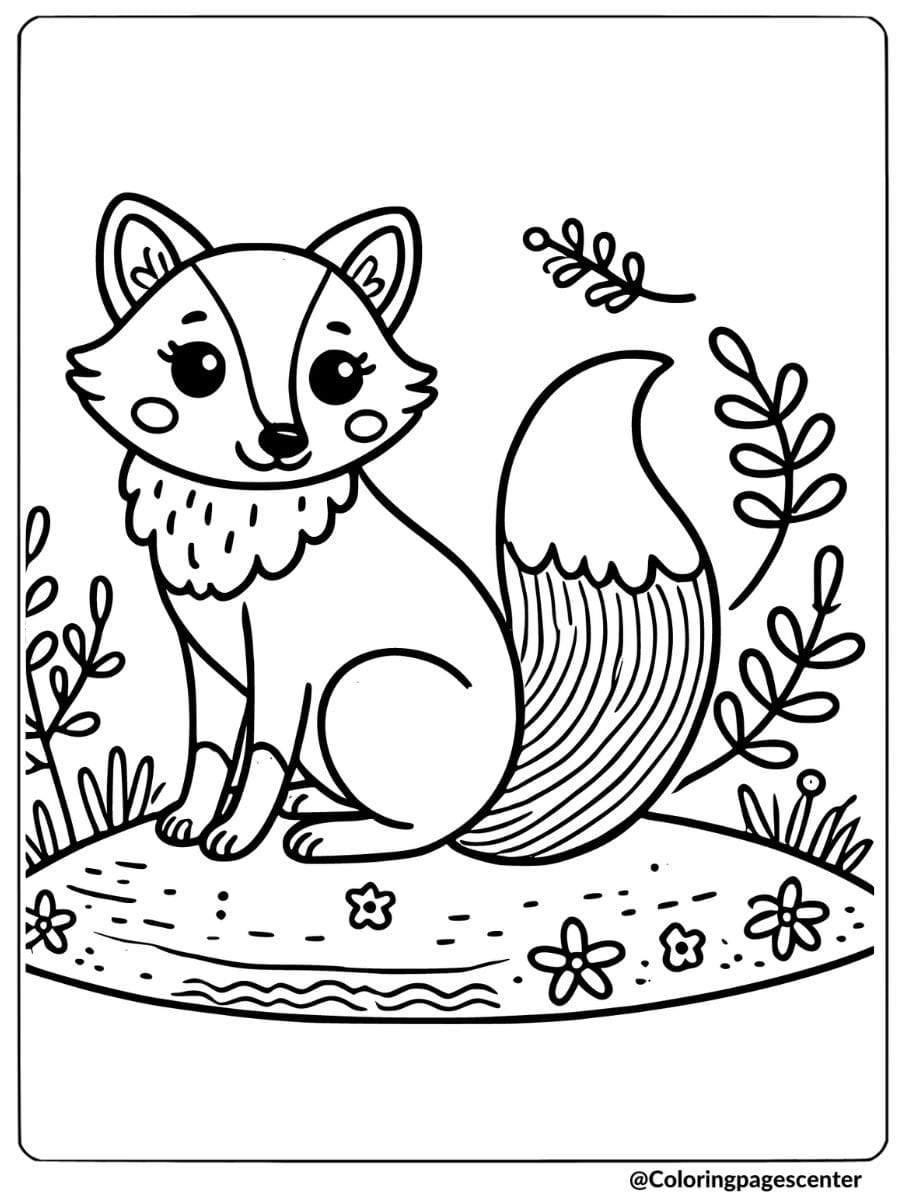 Coloring page of a fox in a meadow, lovely animal scene