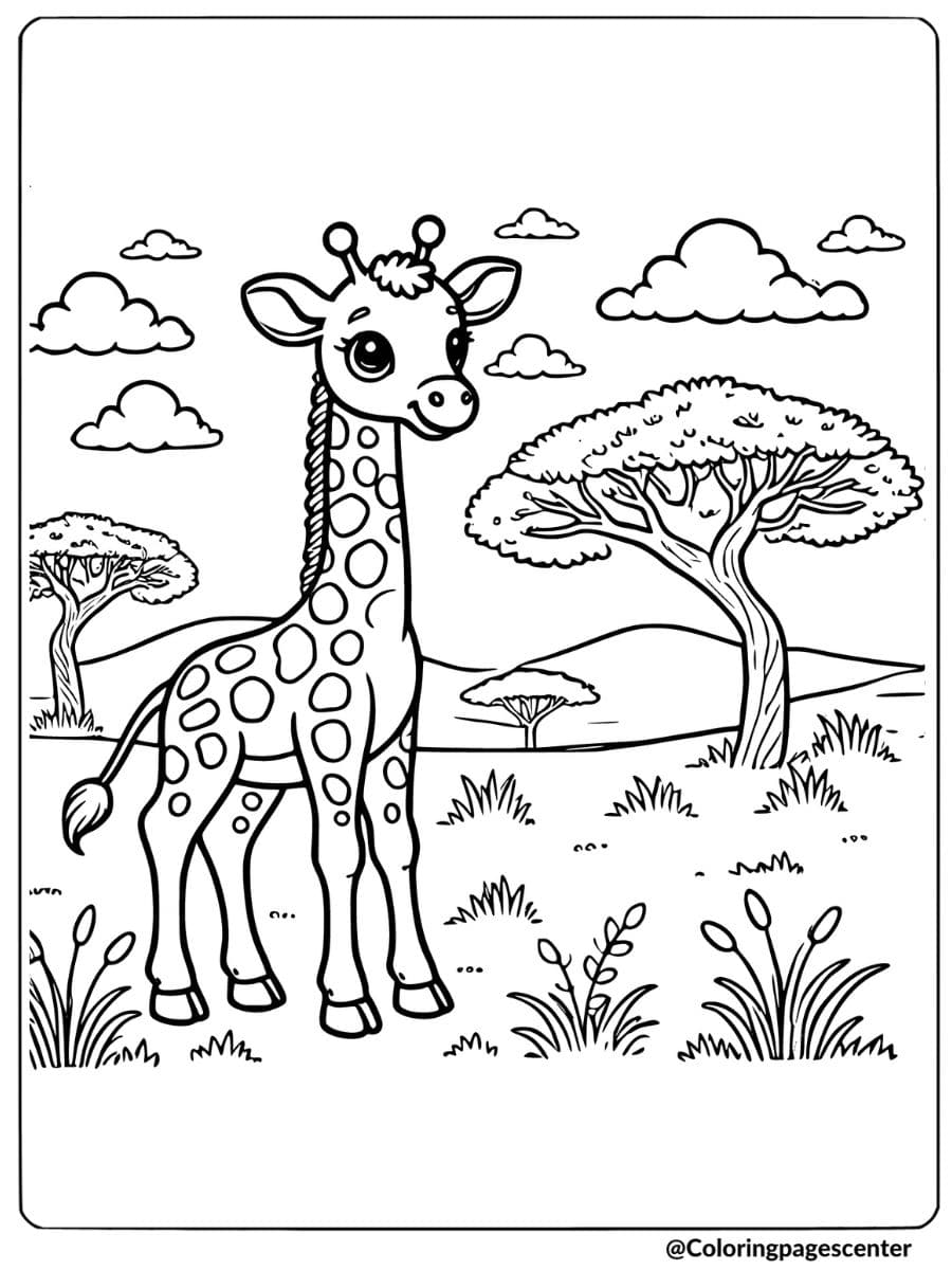 Coloring page of a giraffe in savannah, fun animal coloring page