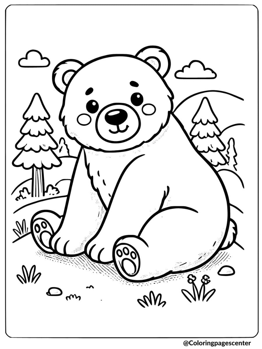 Coloring page of a happy bear, fun animal coloring page