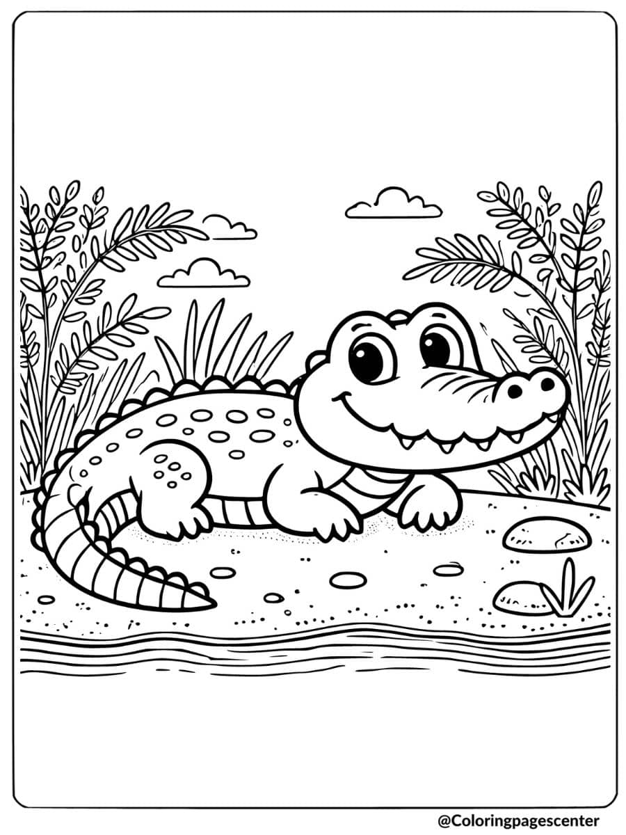 Coloring page of a happy crocodile, fun animal coloring page