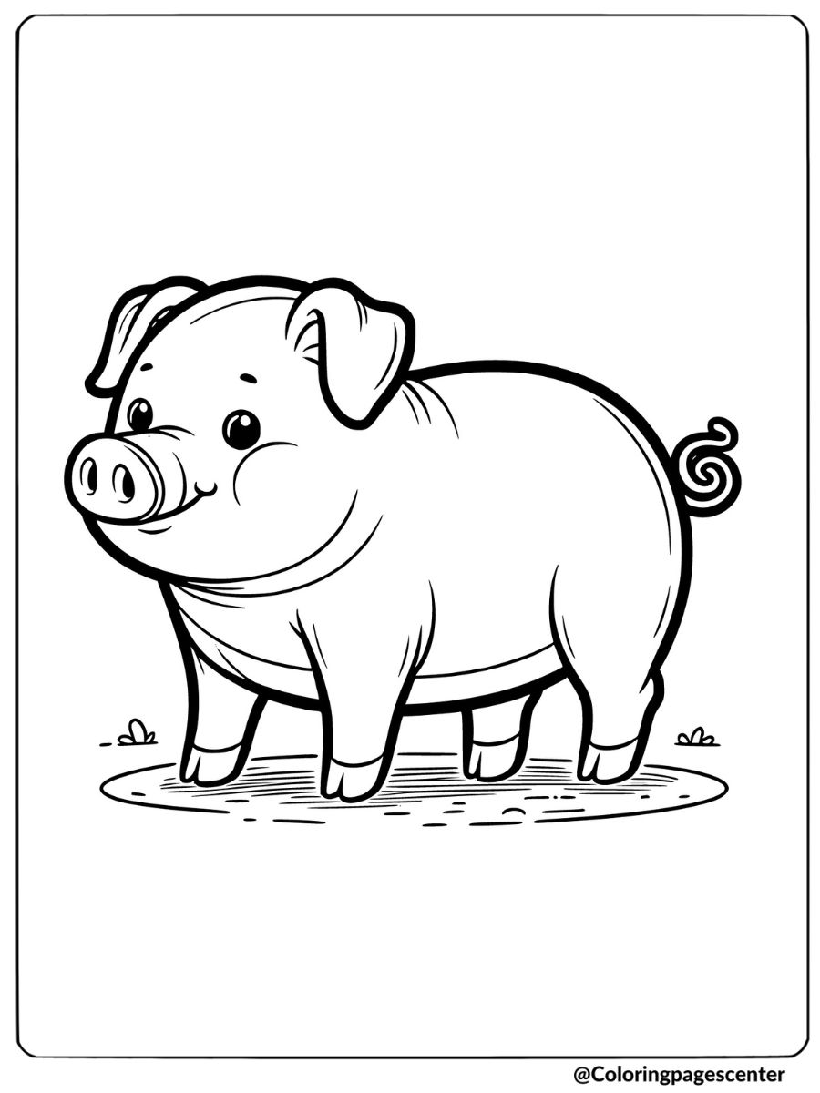 Coloring page of a happy pig with a curly tail, cute animal