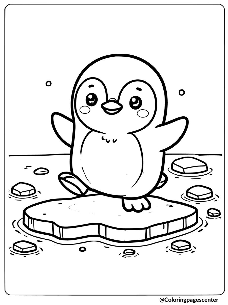 Coloring page of a penguin on ice, fun animal coloring page