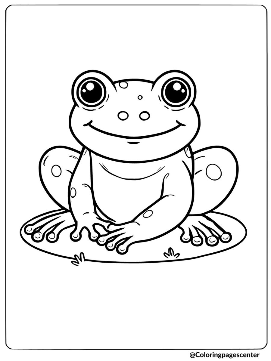 Coloring page of a smiling frog on a lily pad, nature animal