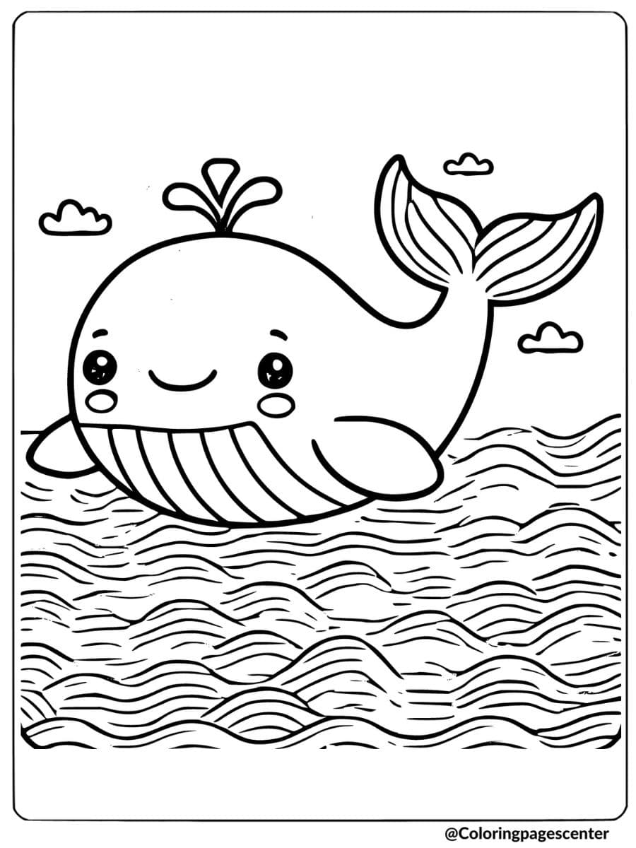 Coloring page of a smiling whale, fun animal coloring page