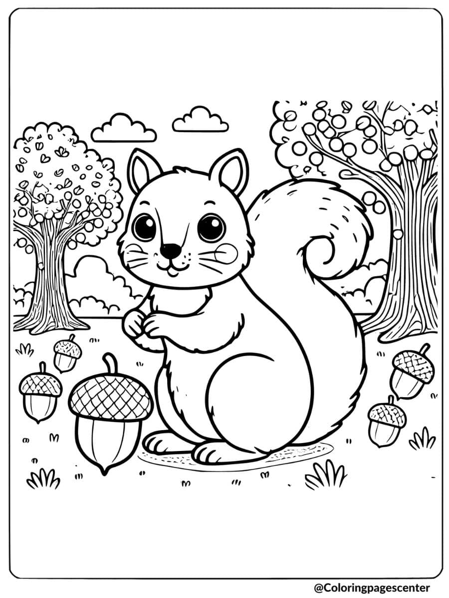 Coloring page of a squirrel with acorns, fun animal coloring page