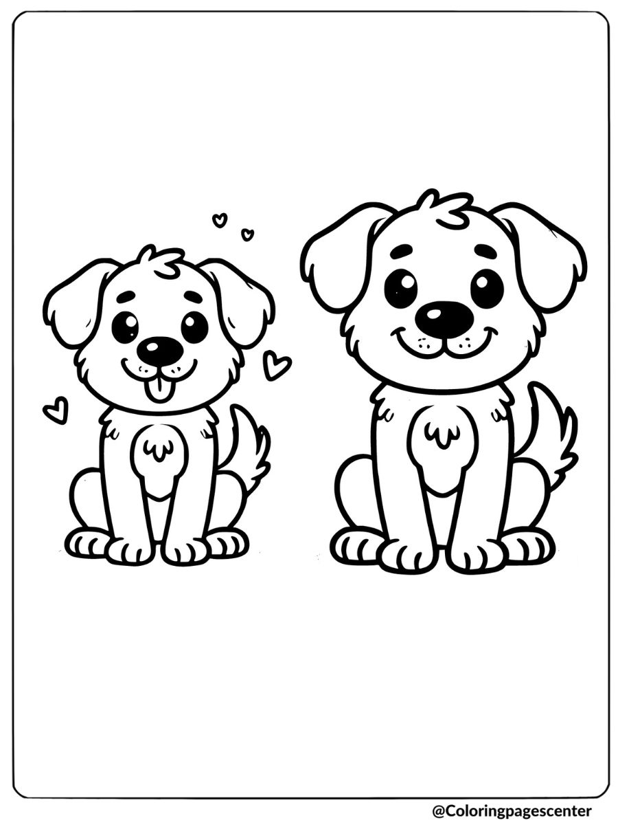 Coloring page of two puppies, adorable animals coloring page