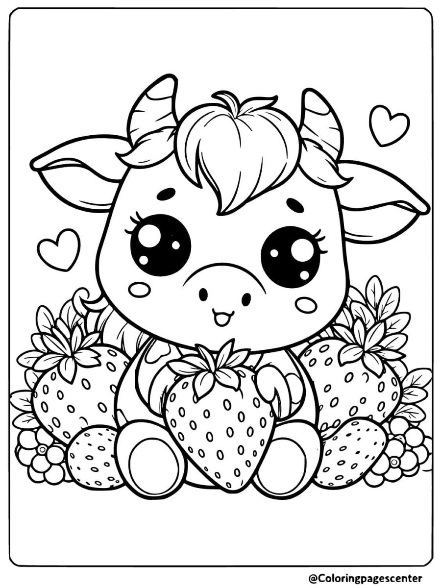 Cow holding a strawberry coloring page