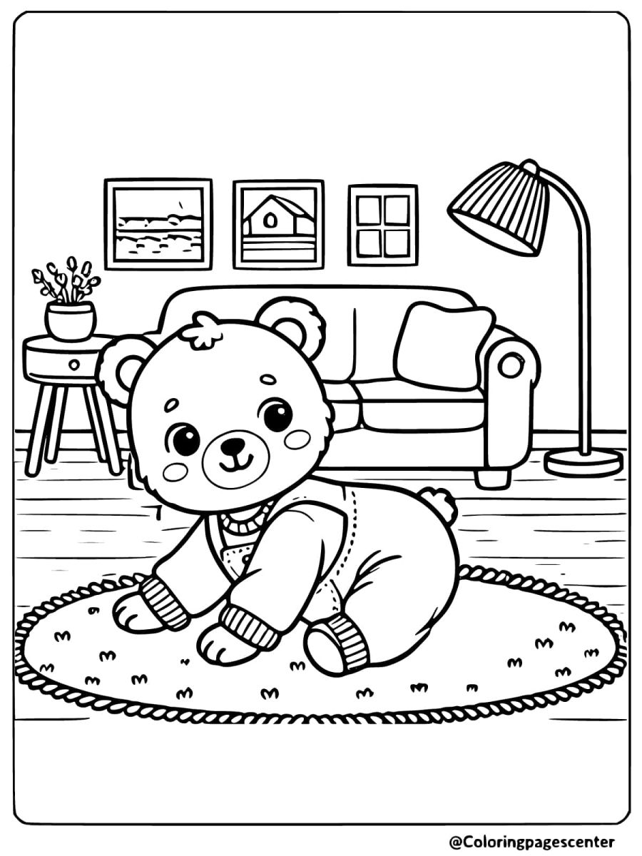 Coloring page of a baby bear on a rug in the living room