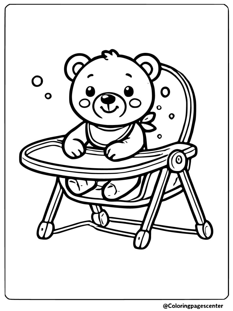 Coloring page of a baby bear sitting in a high chair