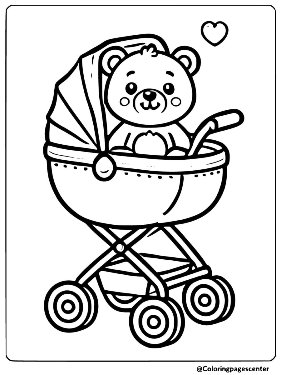 Coloring page of a baby bear in a cute stroller