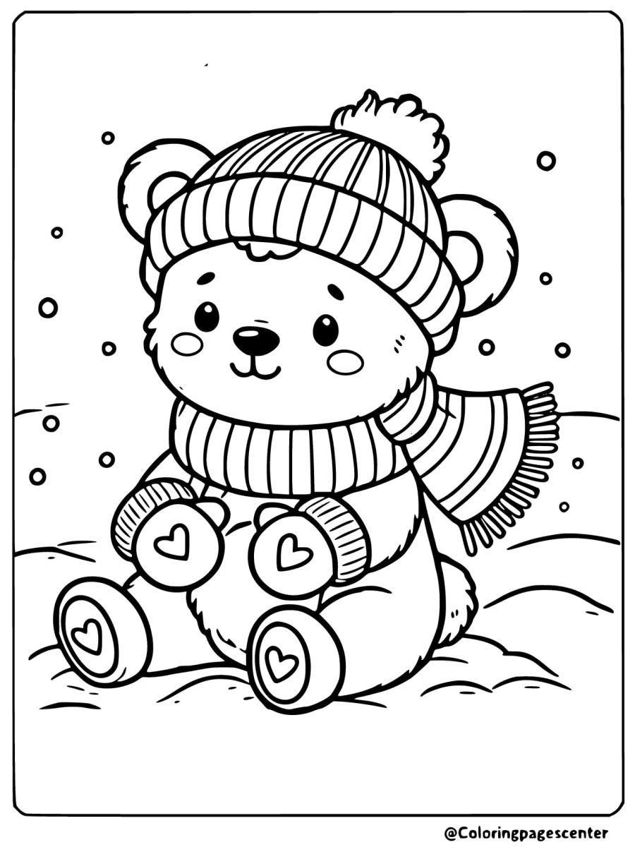 Coloring page of a baby bear in winter clothes