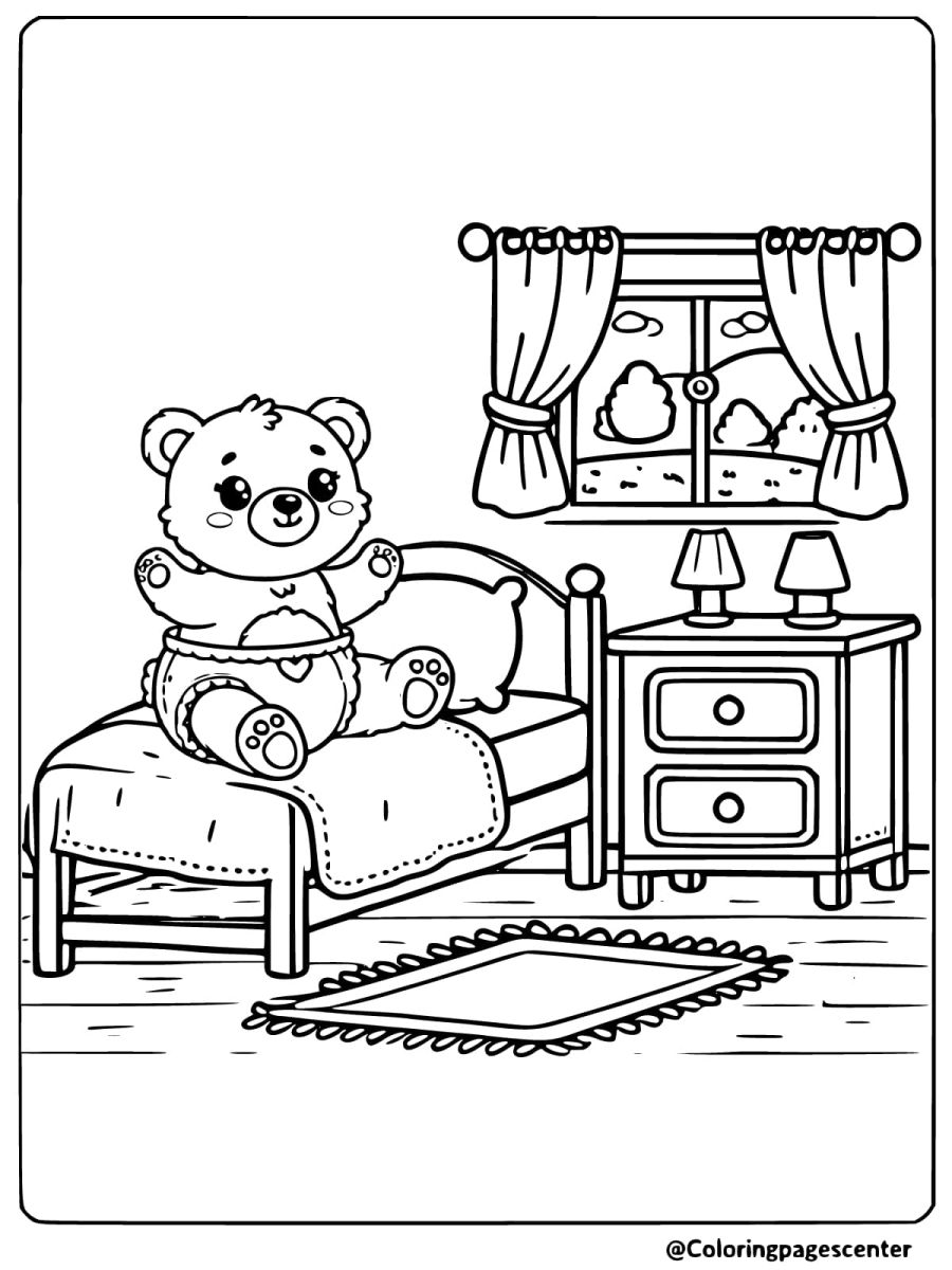 Coloring page of a baby bear sitting on a cozy bed