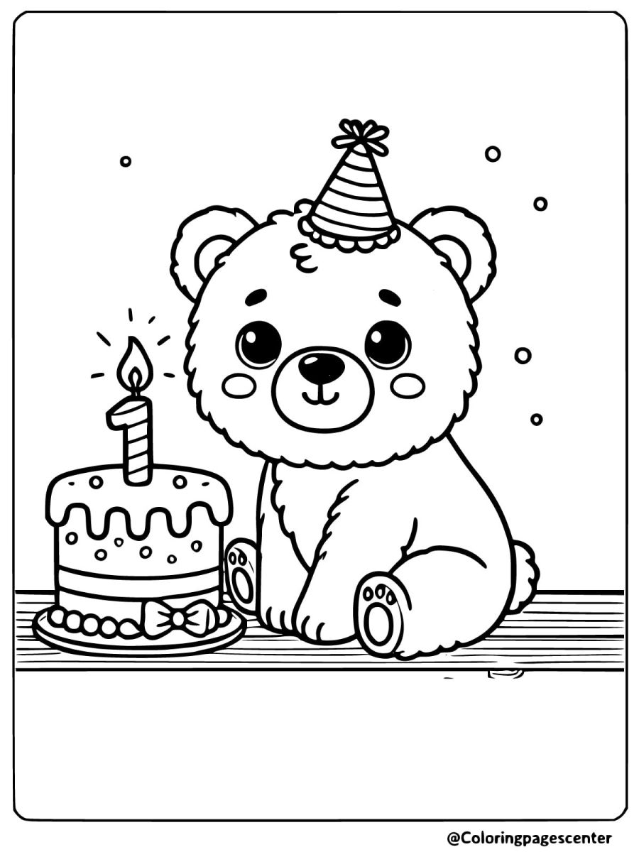 Coloring page of a baby bear with a birthday cake