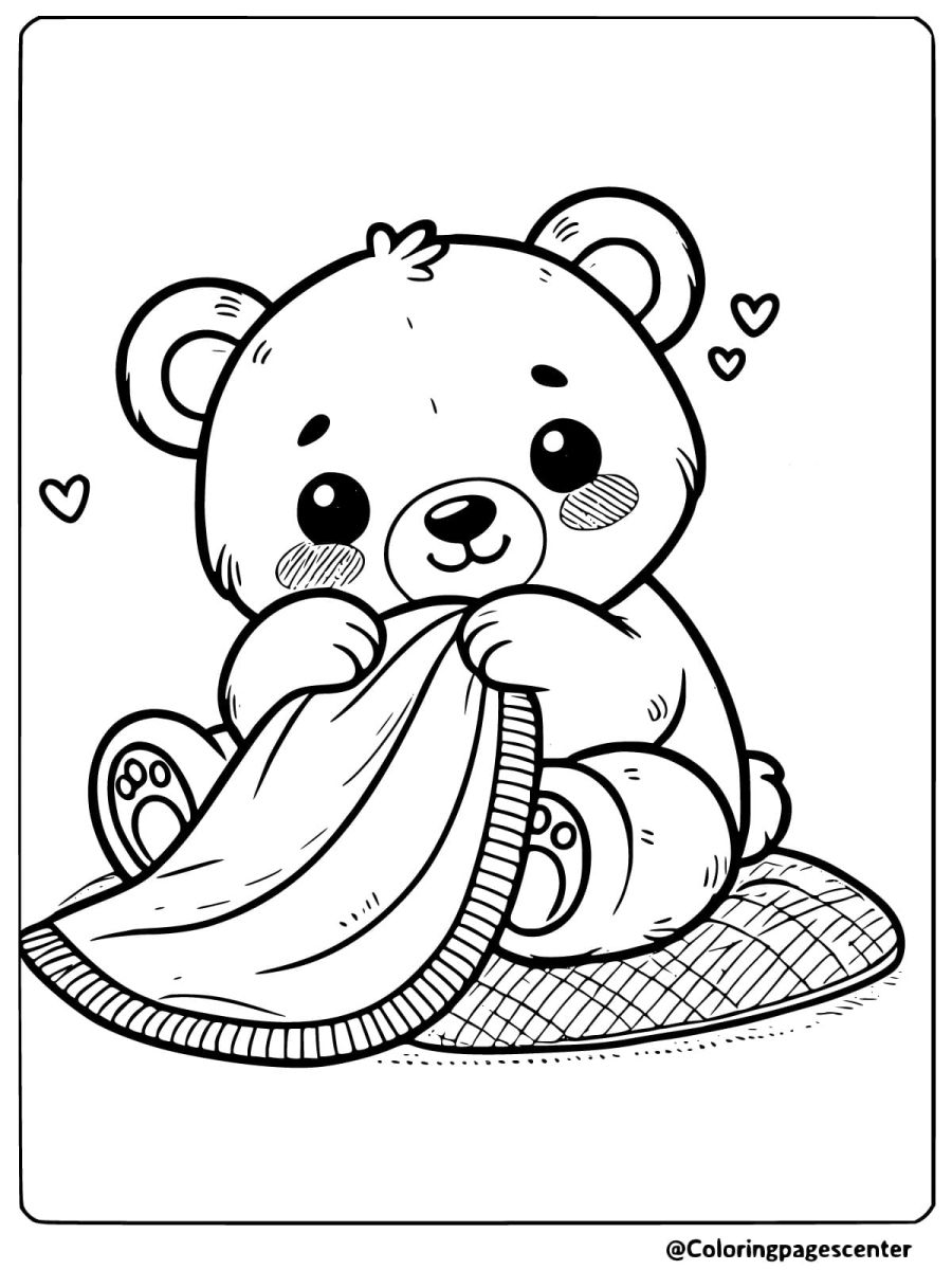 Coloring page of a baby bear snuggling with a blanket