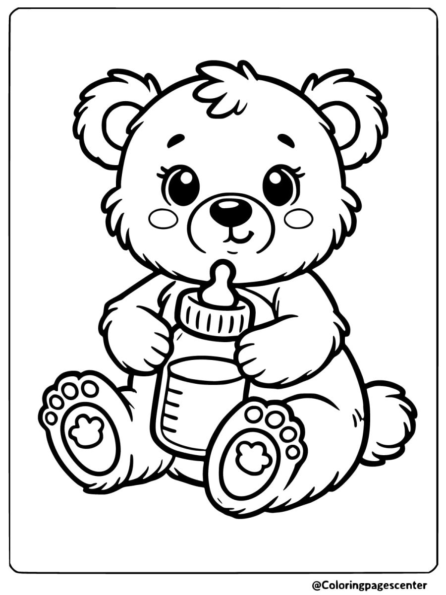 Coloring page of a baby bear holding a milk bottle